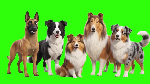 A group of intelligent herding dog breeds including Border Collie, Rough Collie, and Sheltie standing together over a chroma key green background. Great for sheepdog training promos, farm dog commerci