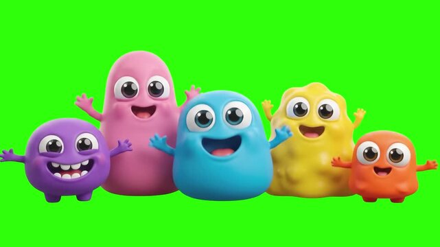 3D animated group of cute colorful blob monster characters waving hands with big friendly eyes over a chroma key green background. Perfect for kids gaming apps, children educational content, cheerful 