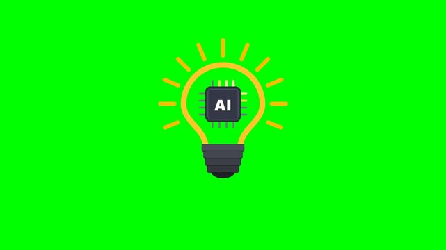Artificial Intelligence AI Chip Inside Glowing Light Bulb Pixel Art Animation on Green Screen