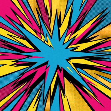 Colorful pop art explosion background with comic book style starburst. Bright pink, blue, yellow rays burst from center. Retro halftone pattern creates dynamic energy for comic design, advertising,