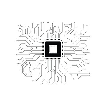 Black and white microprocessor chip with intricate electronic circuit traces, integrated processor design and connected nodes for computer hardware, semiconductor technology, digital system