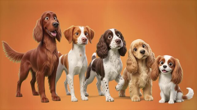 A group of friendly hunting and companion dogs including Cocker Spaniel, Brittany Spaniel, and Irish Setter standing together on a studio warm orange background. Ideal for pet food commercials, veteri