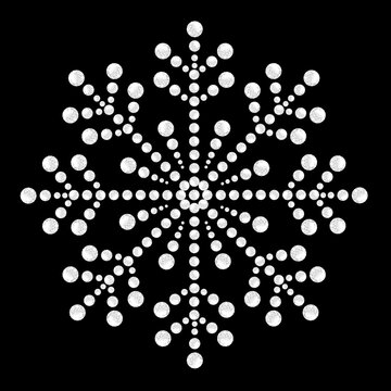 Intricate rhinestone crystal snowflake motif template for iron-on transfers and hotfix applique. Dot art vector snowflake design on black background for Christmas or winter holiday patterns.