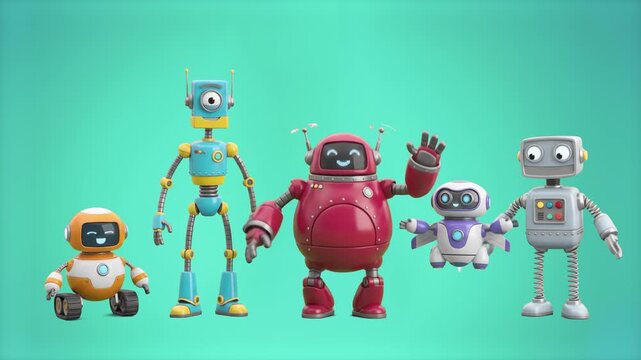 Cheerful 3D cartoon robots group waving hands friendly isolated on a bright turquoise green background. Suitable for technology commercials, children coding apps, AI presentations, software promos, an