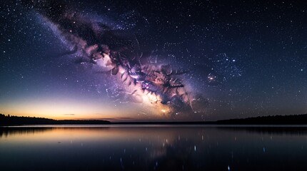 Fototapeta premium Milky Way galaxy shines over calm lake at night. Vast starry sky with nebula clouds reflects in still water. Cosmic dust, bright stars create beautiful celestial landscape. Deep space view shows