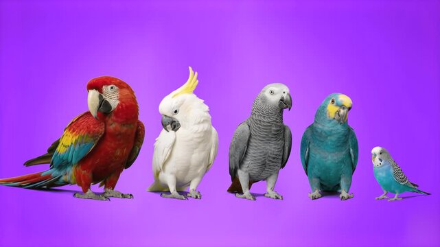 Detailed realistic 3D rendering of a group of exotic parrots including ara macaw, white cockatoo, african grey, and budgerigar standing isolated on a purple background. Ideal for tropical nature docum