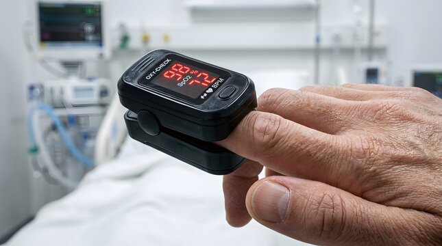 Pulse Oximeter on Patient Finger Measuring Oxygen Saturation
