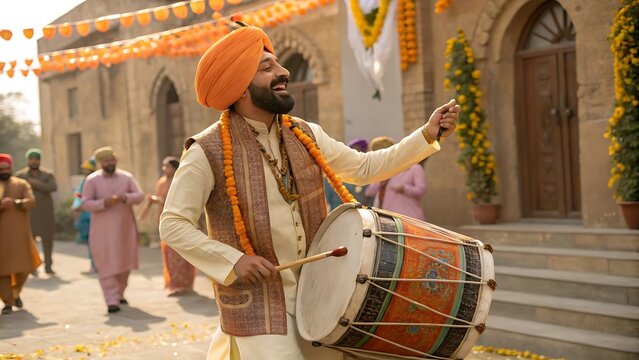 Joyful sikh man wearing orange turban playing dhol drum during
