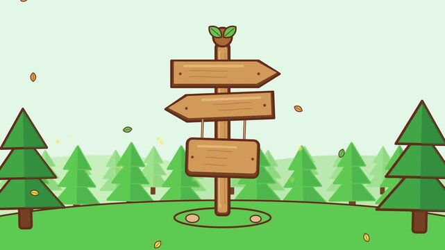 Cartoon wooden signpost in a green forest clearing with falling leaves and pine trees in the background