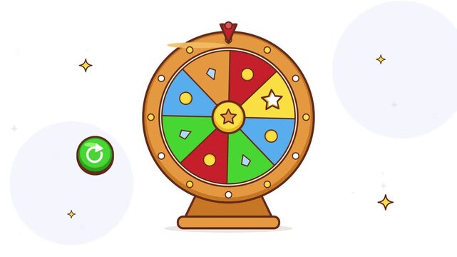 Cartoon style wheel of fortune spinning rapidly on a plain white background with a green spin button and sparkles.