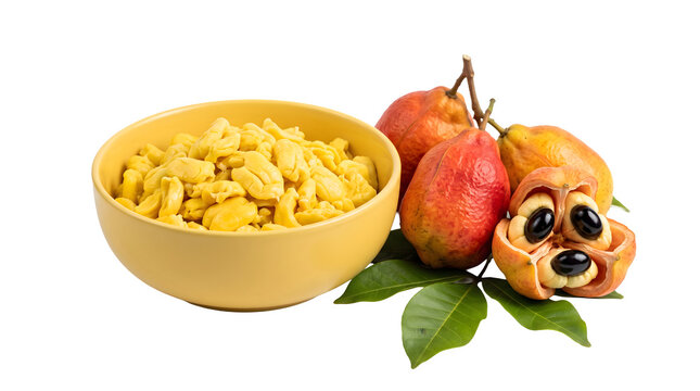 Fresh ackee fruit with a bowl of cooked ackee isolated on transparent background