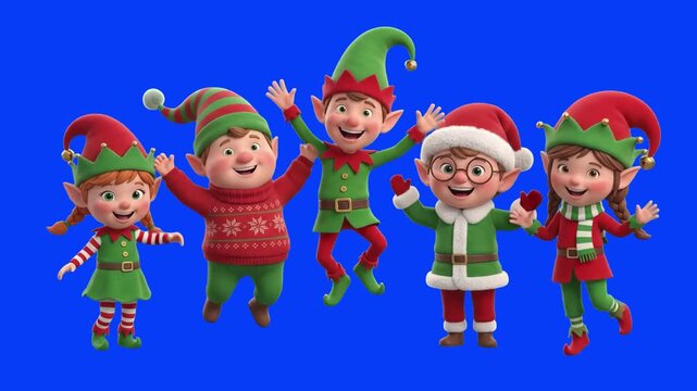 Cheerful 3D cartoon Christmas elves jumping and celebrating happily isolated on a blue background. Great for Christmas sale advertising, holiday promos, children party videos, Santa helper commercials