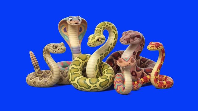 Animated cute 3D cartoon group of snakes including king cobra, python, and viper standing together isolated on a blue background. Great for wild nature channels, zoo promos, venomous reptile videos, c