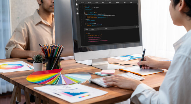 Software development programming on computer screen for brisk application and program coding
