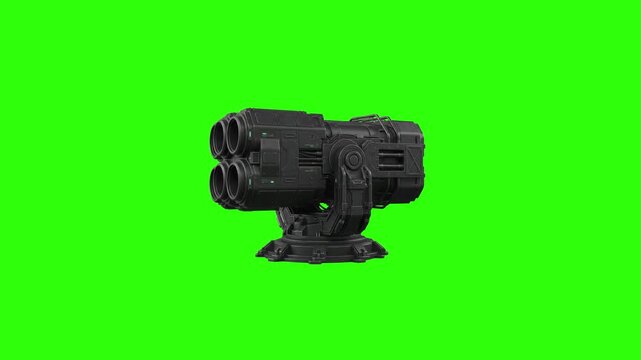 Detailed realistic 3D CGI rendering of a heavy futuristic missile launcher artillery turret isolated on a chroma key green screen background. Suitable for sci-fi action movies, military technology ani