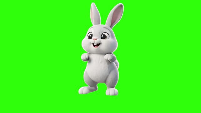 3D animated cute white bunny rabbit character standing with paws up and smiling cheerfully over a chroma key green background. Excellent for Easter holiday promos, children app UI, pet product ads, cu