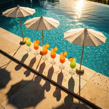Colorful tropical cocktails with lime slices stand in row by luxury swimming pool. White parasols cast long shadows on stone deck under bright sun. Refreshing summer drinks sit near blue water for