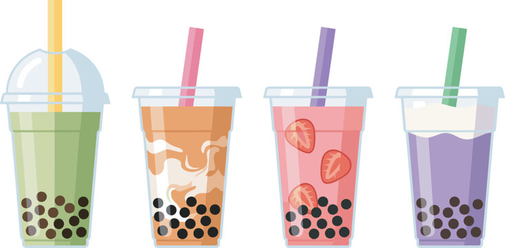 Bubble Tea Vector Set Featuring Matcha, Brown Sugar, Strawberry, and Taro Milk Tea Tapioca Pearl Drinks for Cafe Menu Graphic Designs