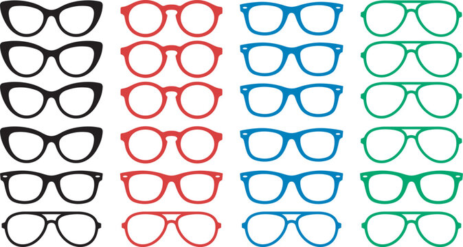 Colorful Eyeglasses Frame Icon Set Featuring Retro Cat Eye, Round, Nerd, and Aviator Glasses Sunglasses Shapes for Fashion Graphic Vector Designs