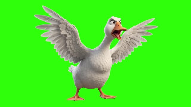 3D animated white angry goose spreading its wings and open beak honking over a chroma key green background. Ideal for funny farm animal videos, village humor promos, agricultural commercials, kids ani
