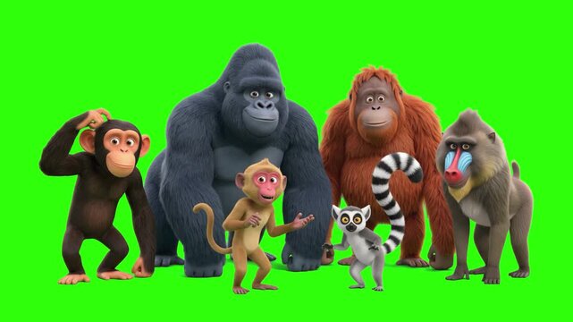 3D animated group of primates including gorilla, orangutan, chimpanzee, macaque, and lemur standing together over a chroma key green background. Perfect for zoo advertising, wildlife documentaries, ju