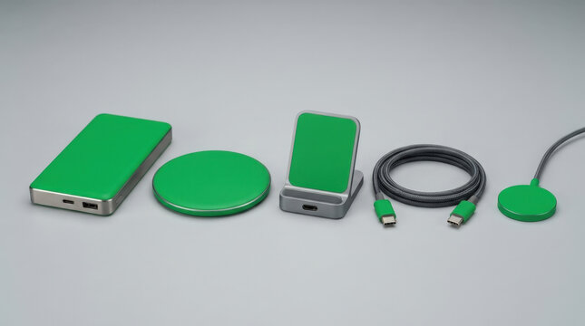 Professional mobile charging collection featuring portable power bank wireless pad stand cable and magnetic disc green theme.