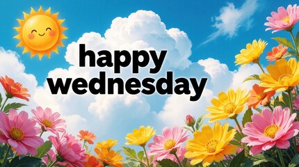 Fototapeta premium Happy Wednesday greeting with bright text over blue sky, white clouds. Sunny day background with colorful cosmos flowers. Cheerful sun character smiles in corner. Positive morning message for social