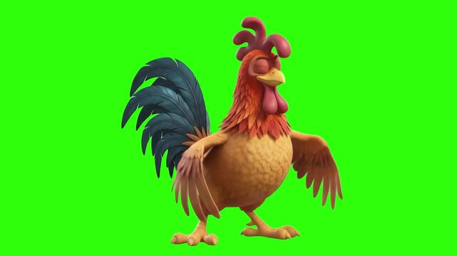 3D animated cartoon rooster character flapping its wings cheerfully over a chroma key green background. Perfect for morning farm promos, agricultural advertising, poultry farm ads, children edtech app