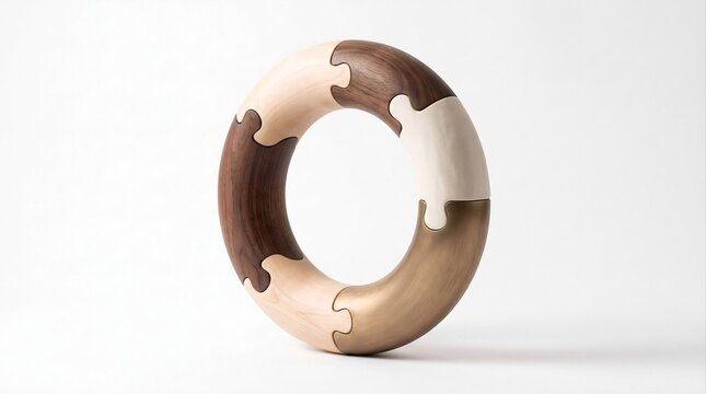 A circular wooden puzzle with interlocking pieces and natural textures, symbolizing unity, inclusion, cooperation, and equality among people.