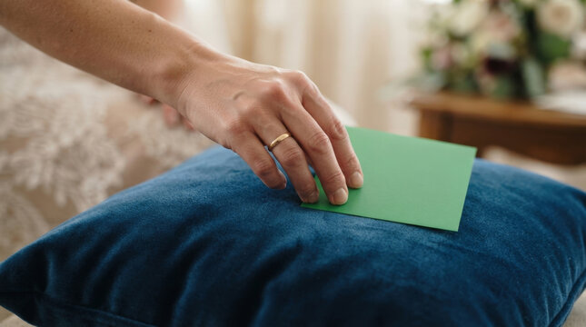 Woman hand with gold ring resting on green blank card placed on soft blue velvet pillow for elegant wedding stationery mockup.