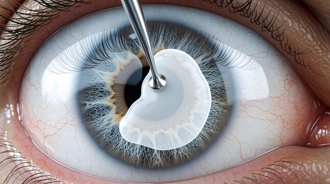Medical illustration shows phacoemulsification probe removing cloudy cataract lens from human eye. Microscopic view of ultrasonic tool fragmenting lens during eye surgery procedure. Detailed anatomy