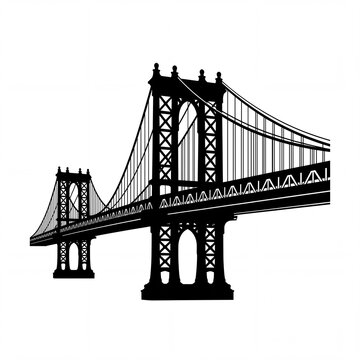 A striking black and white vector silhouette illustration of a iconic suspension bridge, featuring detailed structural trusses, majestic towers, and suspension cables. 