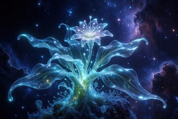 Fototapeta premium Glowing translucent plant grows in deep space nebula. Futuristic bioluminescent flora blooms amidst cosmic stars, celestial light. Abstract sci-fi botanical life concept with ethereal blue energy,
