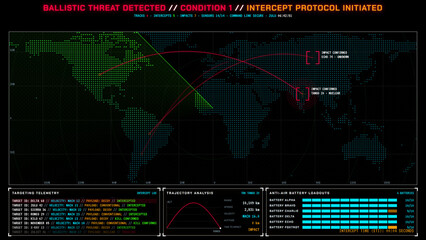 Military missile defense HUD interface tracking ballistic threat trajectories © PRIME STOCK LAB