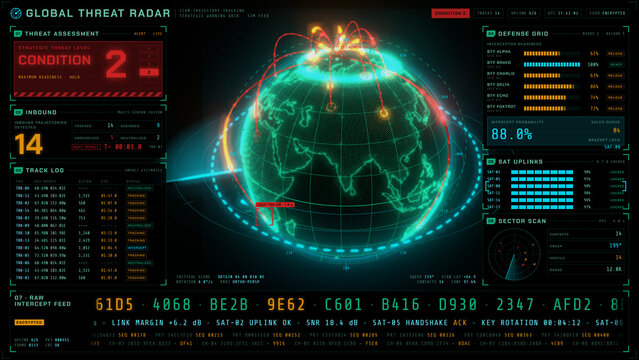 Global threat radar interface showing missile trajectories over earth