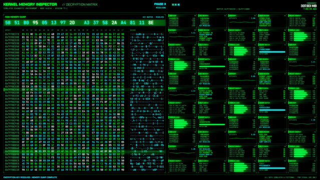 Futuristic green terminal interface showing kernel memory hex dump