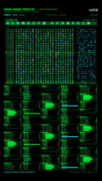Green futuristic user interface showing kernel memory inspector data