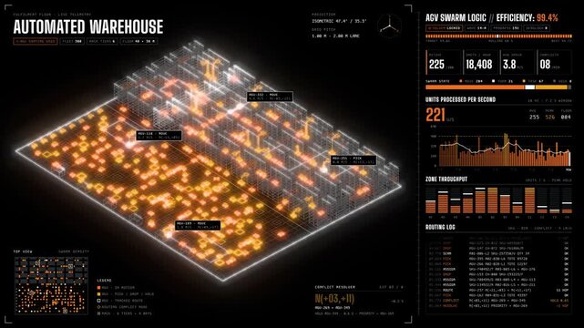 Automated warehouse dashboard displaying AGV swarm telemetry and logistics data