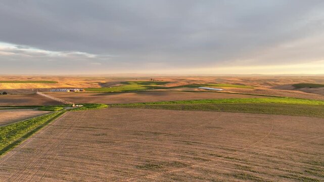 Aerial view of center pivot irrigation and farmland at golden hour in the Columbia Basin, Washington