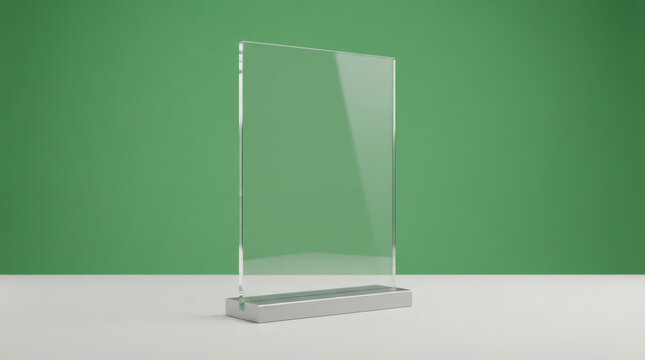 Minimalist vertical acrylic photo frame with silver metal base stands on white surface against vibrant green studio background.