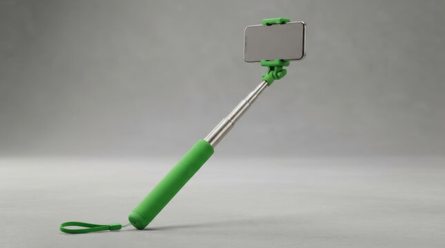 Adjustable green selfie stick with smartphone attachment stands on neutral gray studio background for vlogging and mobile capture.