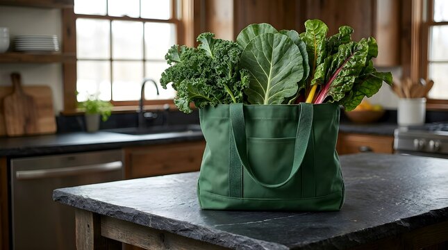 Fresh leafy green vegetables in a bag on a kitchen counter