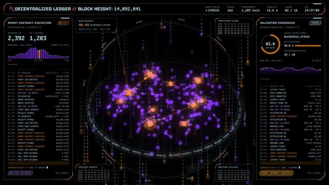 Decentralized ledger dashboard showing blockchain network and data