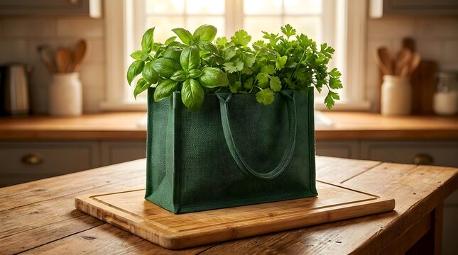 Fresh green herbs in a black bag on a wooden kitchen table