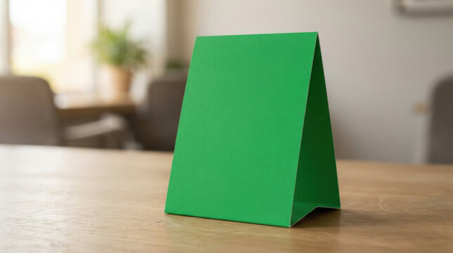 Blank green paper table tent menu card mockup standing on warm wooden table in brightly lit modern cafe interior background.
