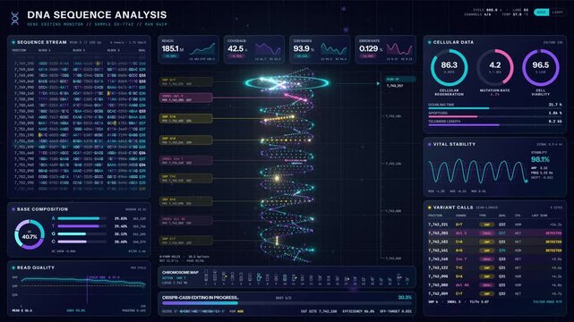 Futuristic DNA sequence analysis user interface with data charts