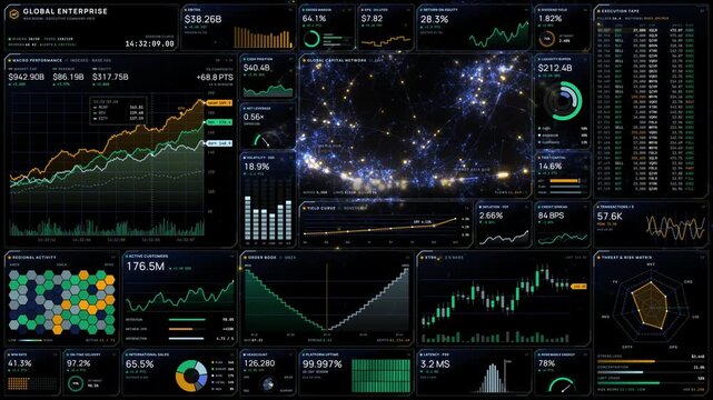 Futuristic financial dashboard interface with charts and network map