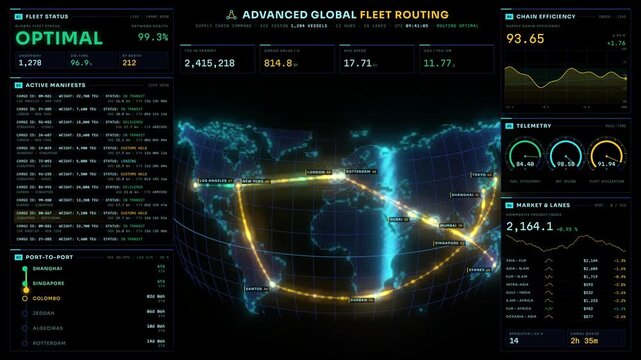 Global fleet routing dashboard with digital world map and logistics data