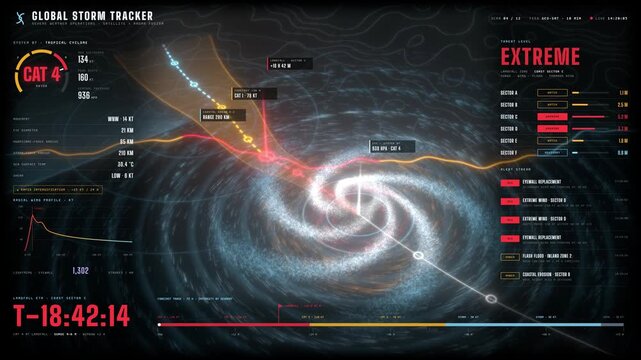Global storm tracker dashboard displaying category four tropical cyclone data