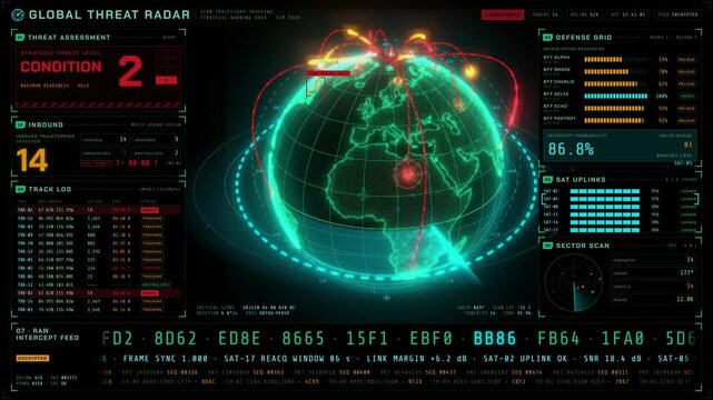Futuristic global threat radar interface showing missile trajectories